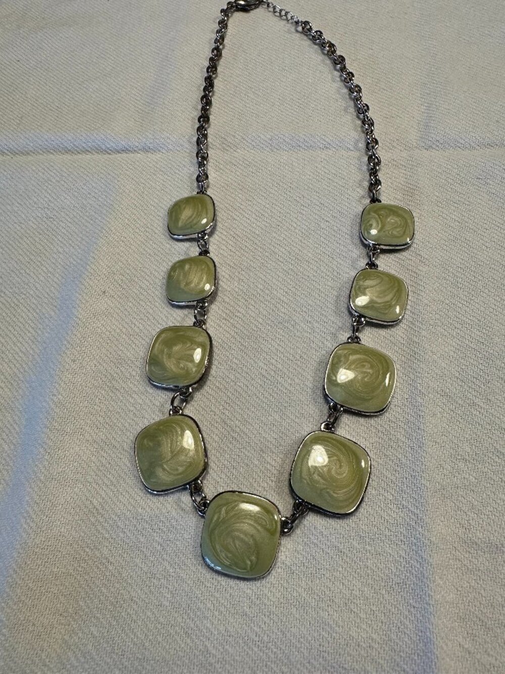 Olive Green Swirl Statement Necklace Silver Tone Square Beads